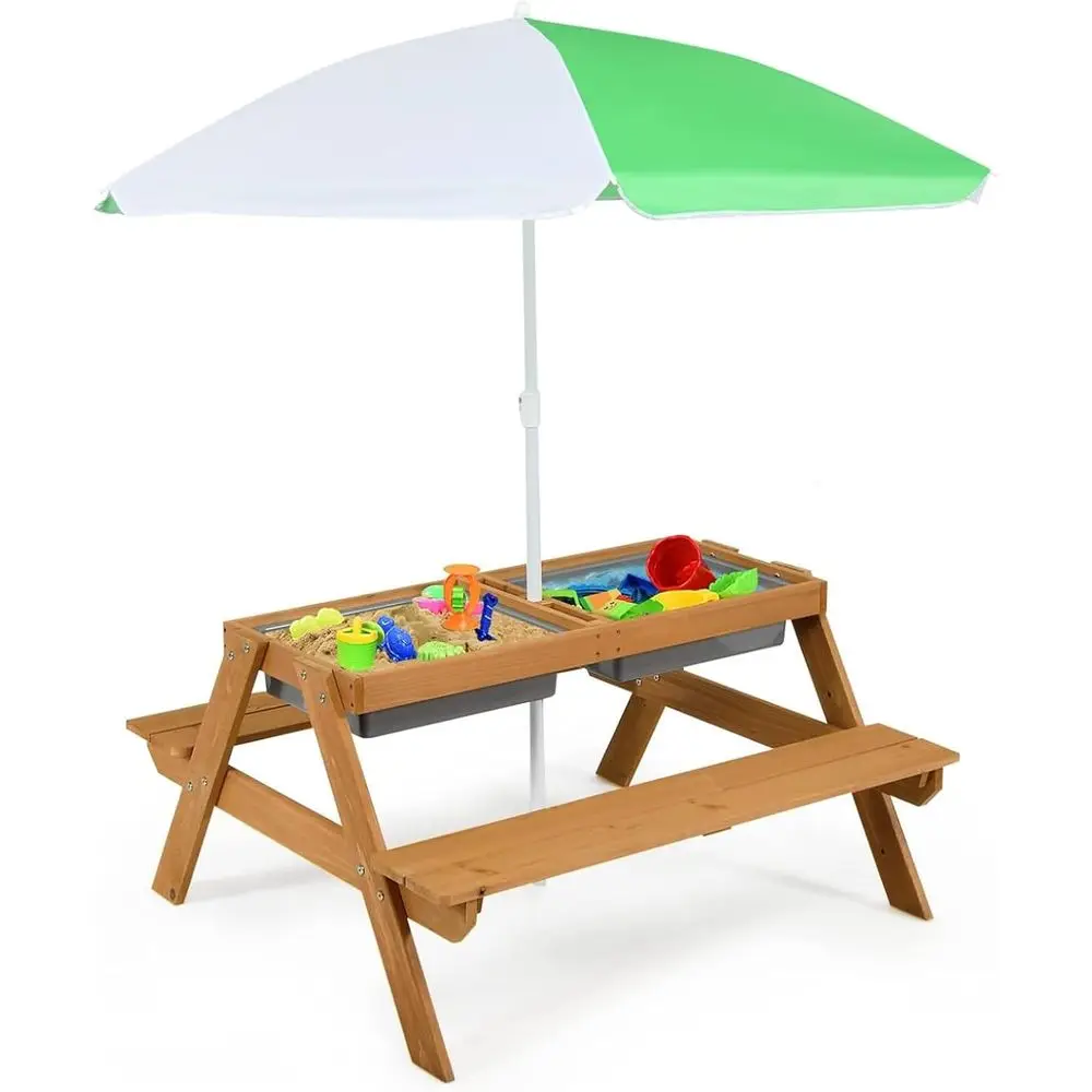 Kids Outdoor Umbrella - Table de pique-nique 4-en-1 en bois
