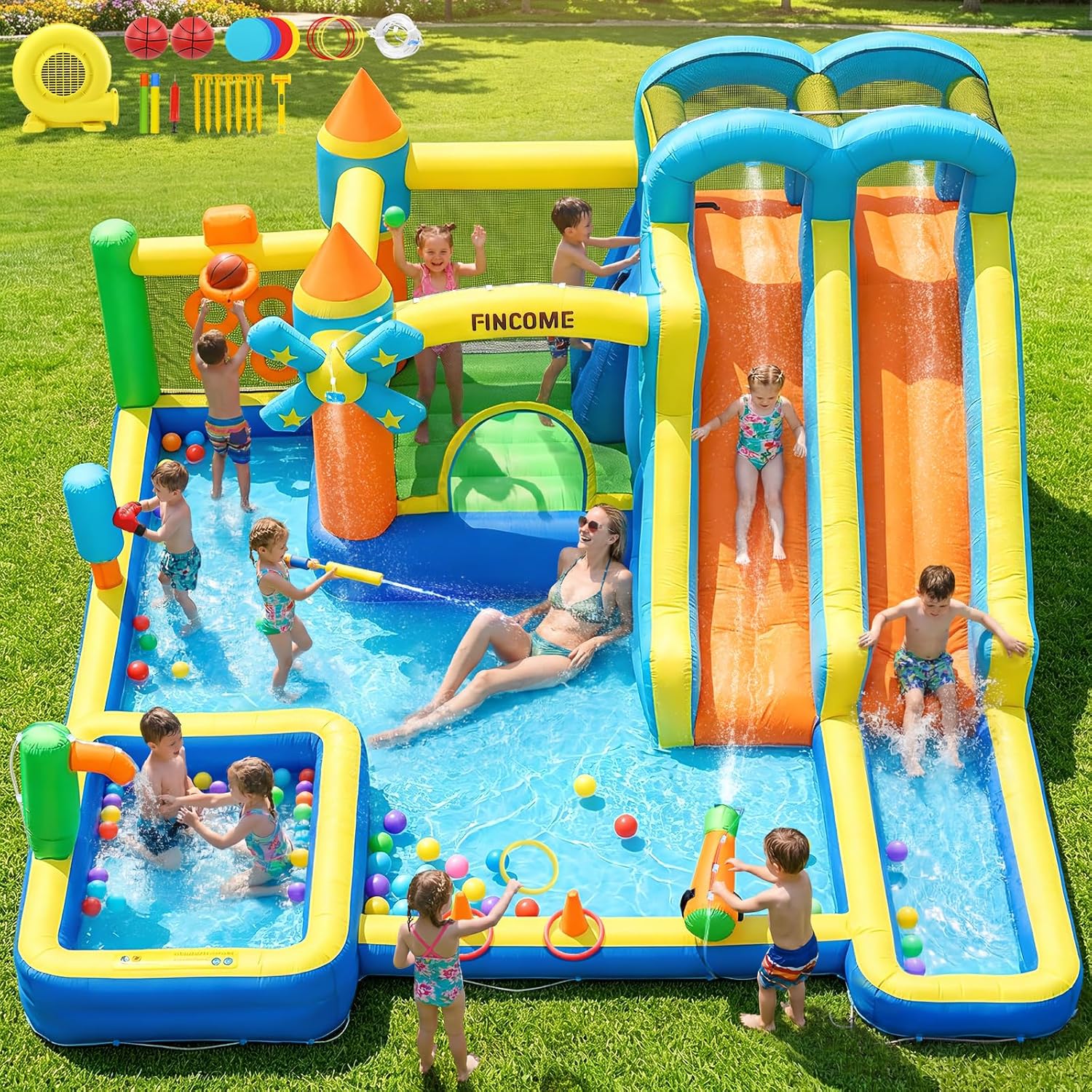 Kids Outdoor Water Park - Château gonflable 10-en-1 avec deux toboggans